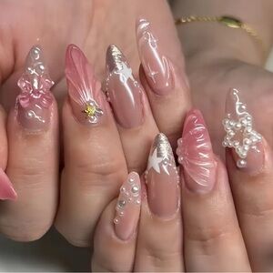 NWT Elegant Pink 3-D Press On Nail Art with Pearl Accents reusable 24 pcs